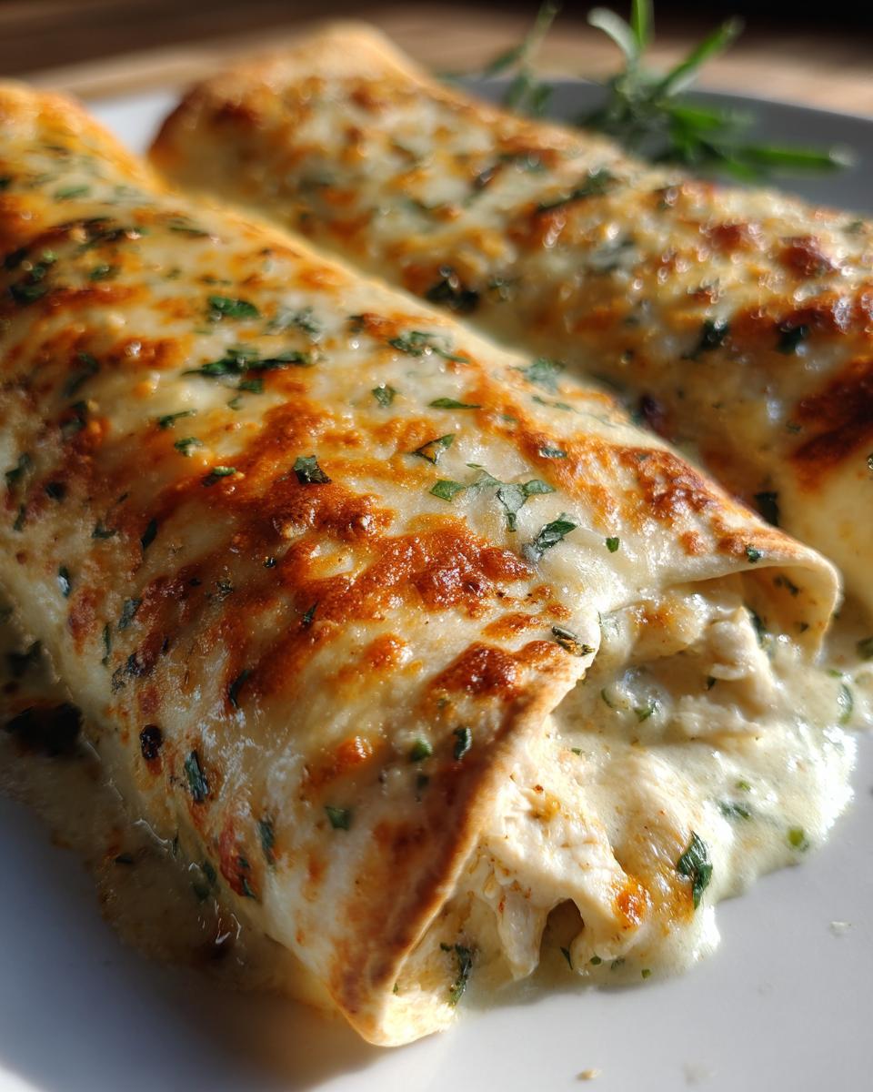 Close-up of two creamy, cheesy chicken enchiladas topped with melted cheese and parsley.