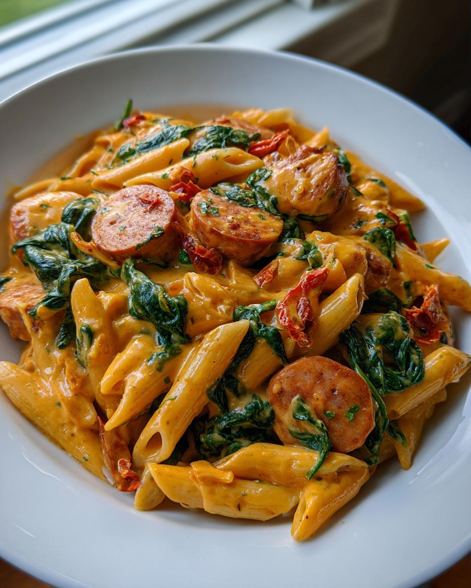 A close-up of a bowl of creamy chicken sausage pasta featuring penne, sliced sausage, spinach, and sun-dried tomatoes.