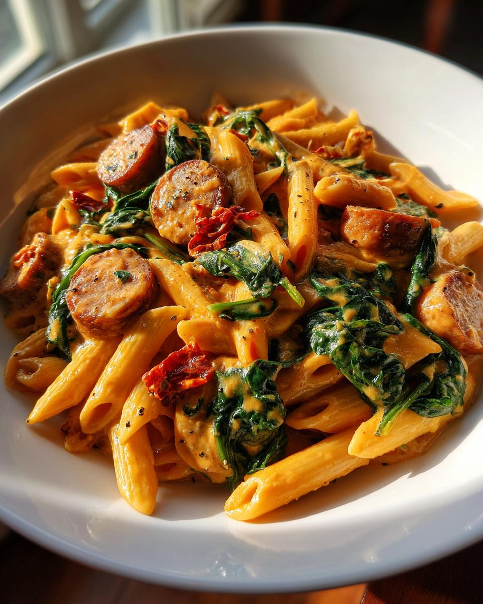 A close-up of creamy chicken sausage pasta featuring penne, sliced sausage, wilted spinach, and sun-dried tomatoes.