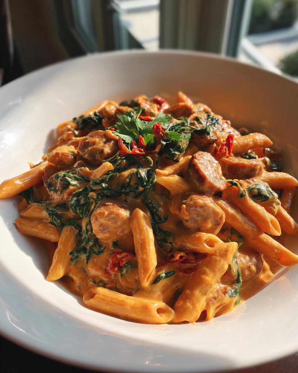 A close-up of creamy chicken sausage pasta with spinach and sun-dried tomatoes served in a white bowl.