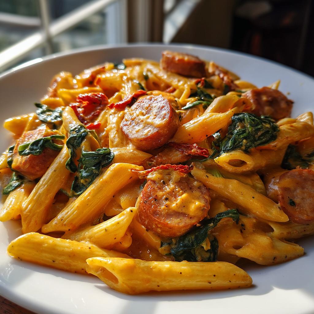 A close-up of creamy chicken sausage pasta featuring penne, sliced sausage, spinach, and sun-dried tomatoes.