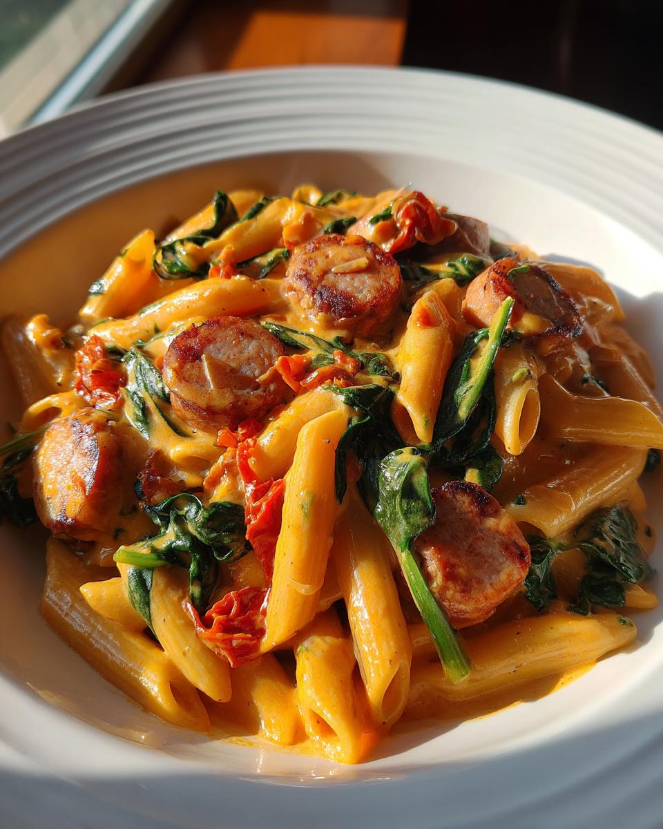 Close-up of creamy chicken sausage pasta featuring penne, sliced sausage, spinach, and sun-dried tomatoes.