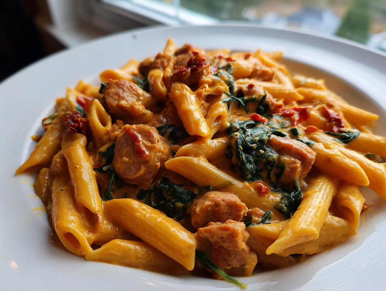 Close-up of creamy chicken sausage pasta featuring penne noodles, sliced sausage, spinach, and sun-dried tomatoes.