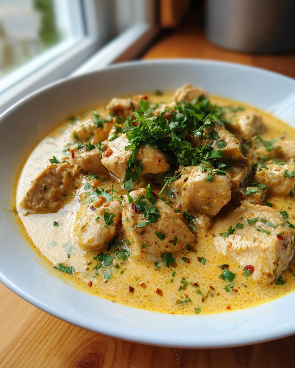 Close-up of tender chunks of coconut chicken in a rich, creamy sauce, garnished with fresh parsley.