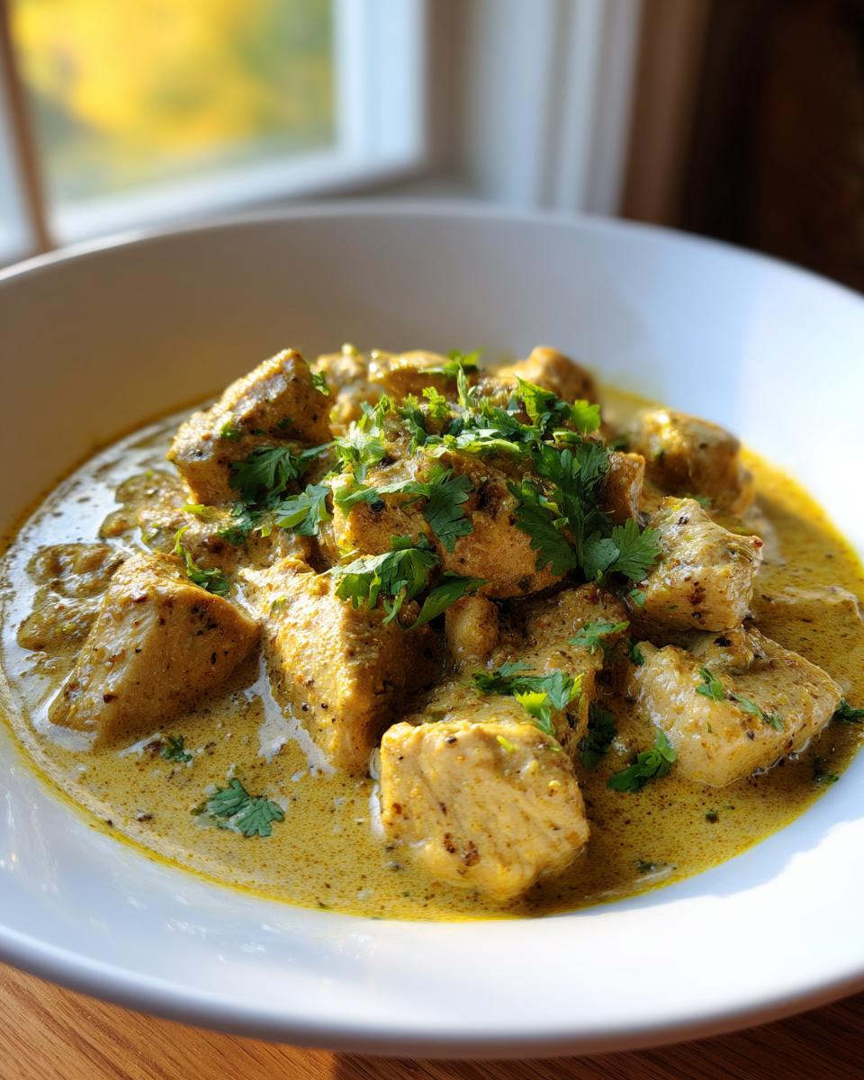 Close-up of tender chunks of coconut chicken coated in a rich, yellow-green sauce and garnished with fresh cilantro.