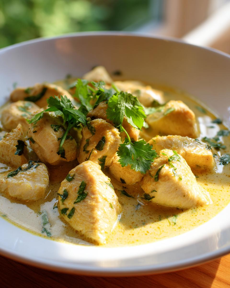 Close-up of tender chicken pieces simmering in a rich, yellow coconut sauce, garnished with fresh cilantro for an amazing coconut chicken dish.