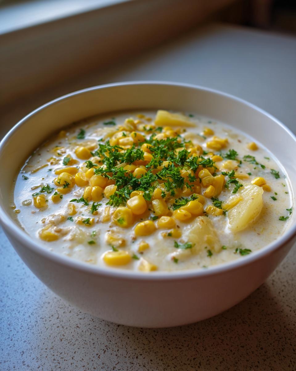 Close-up of a white bowl filled with creamy corn chowder, featuring whole corn kernels and potato chunks, garnished with fresh parsley.