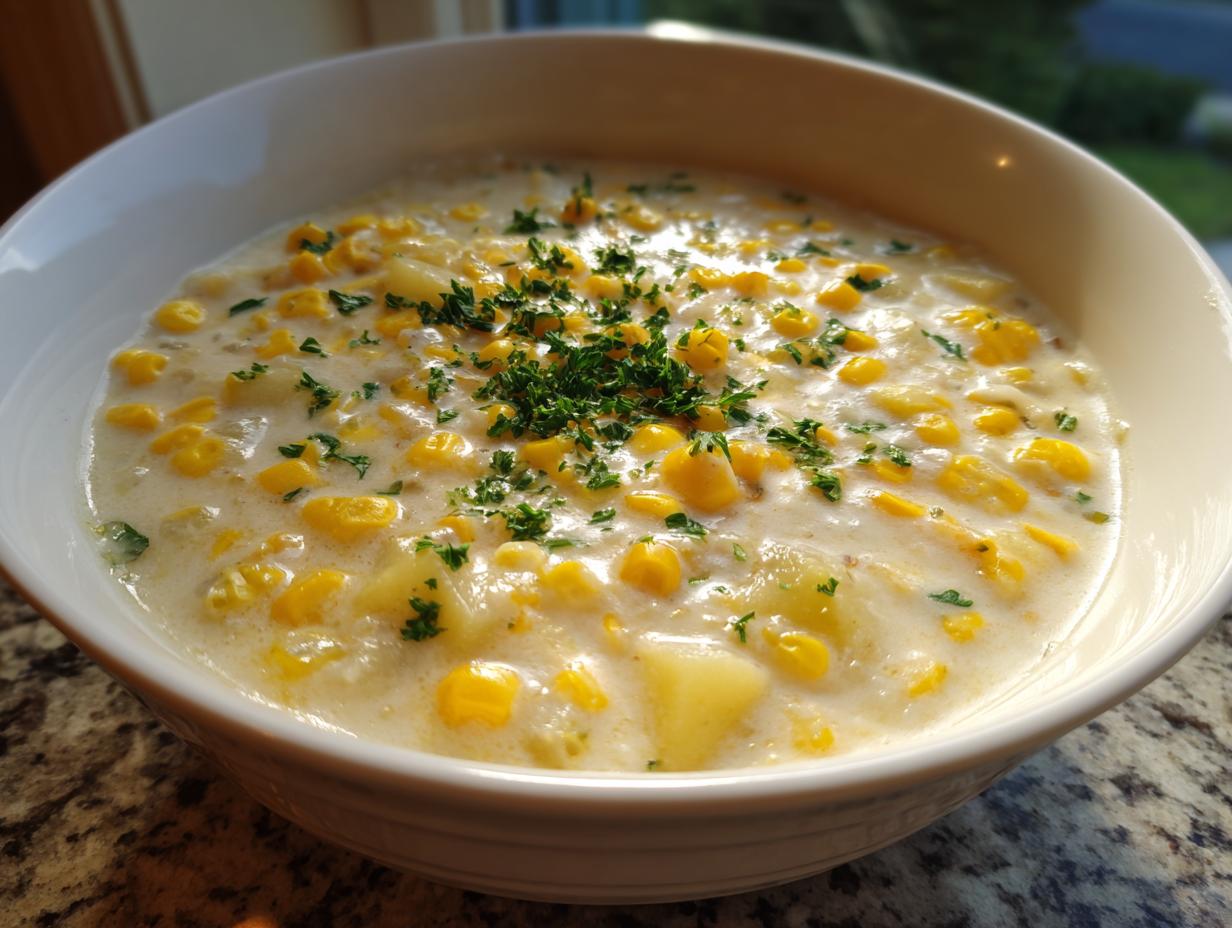 A close-up of a white bowl filled with rich, creamy corn chowder, topped with fresh parsley.