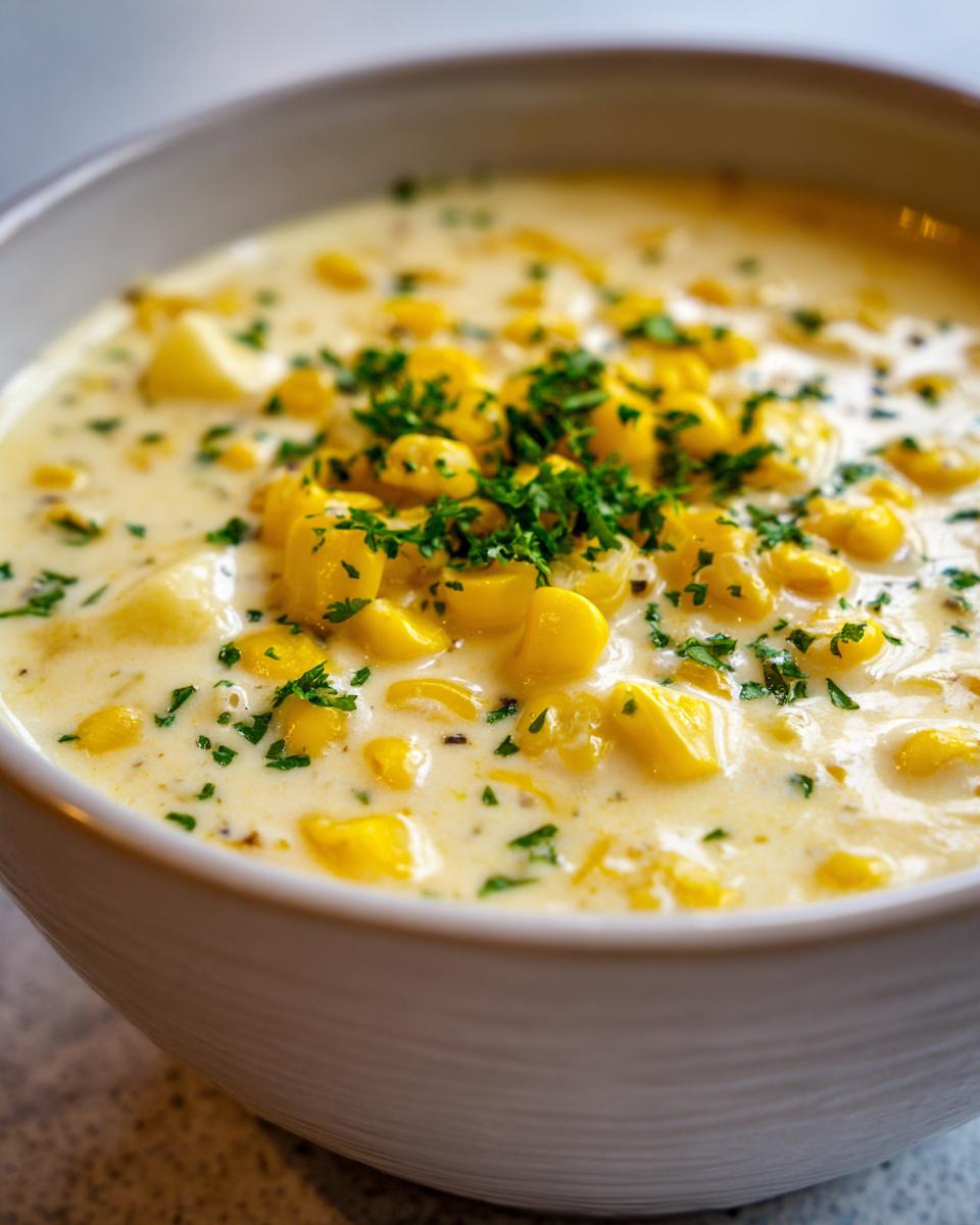 A close-up view of a rich, creamy corn chowder topped generously with whole corn kernels and fresh chopped parsley.