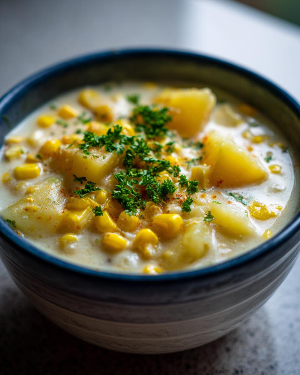 A close-up of a bowl of rich, creamy corn chowder featuring chunks of potato, yellow corn kernels, and topped with fresh parsley.
