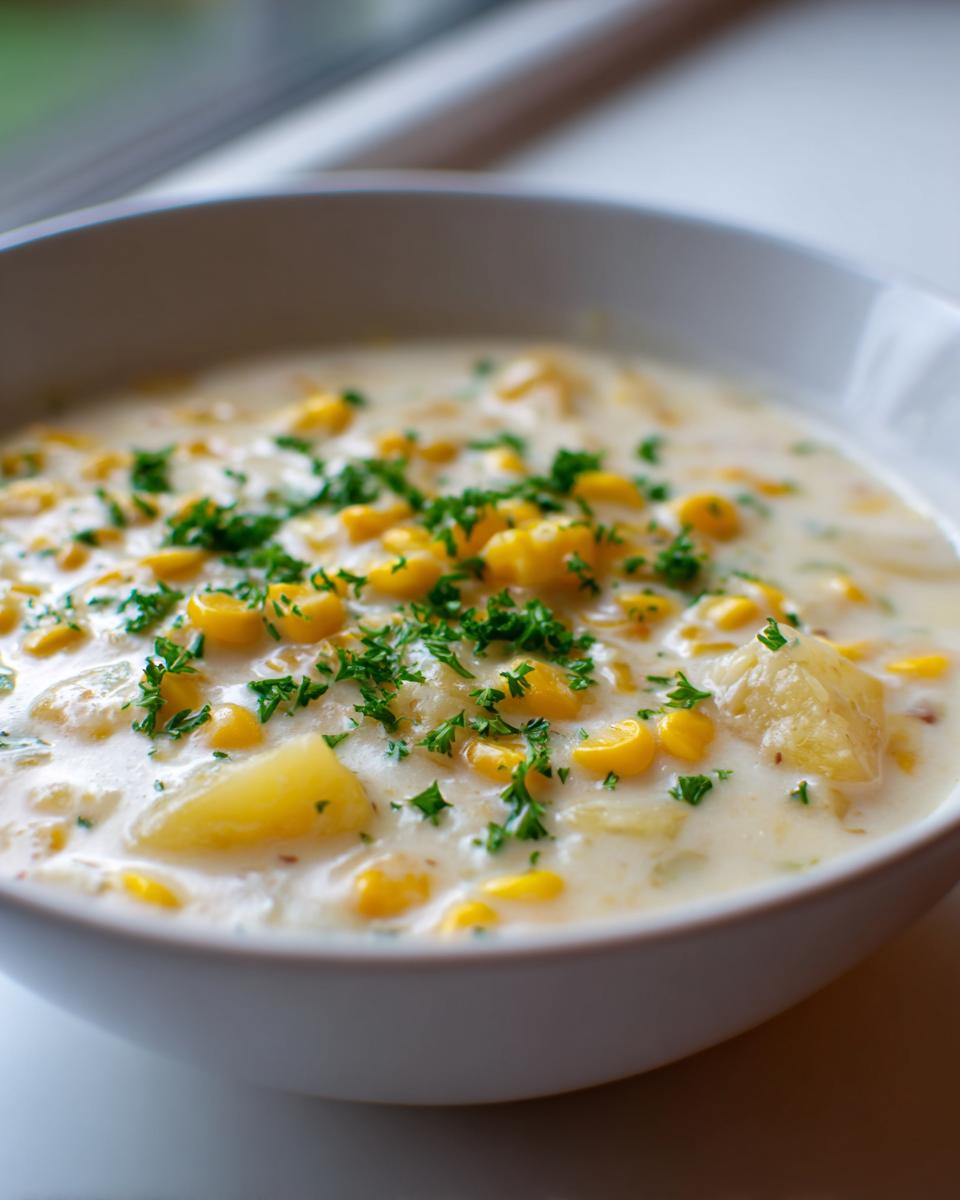 A close-up view of a hearty bowl of creamy corn chowder, topped with fresh parsley.