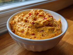 A close-up of a thick, orange-colored boat dip mixed with red peppers and herbs, served in a white bowl.