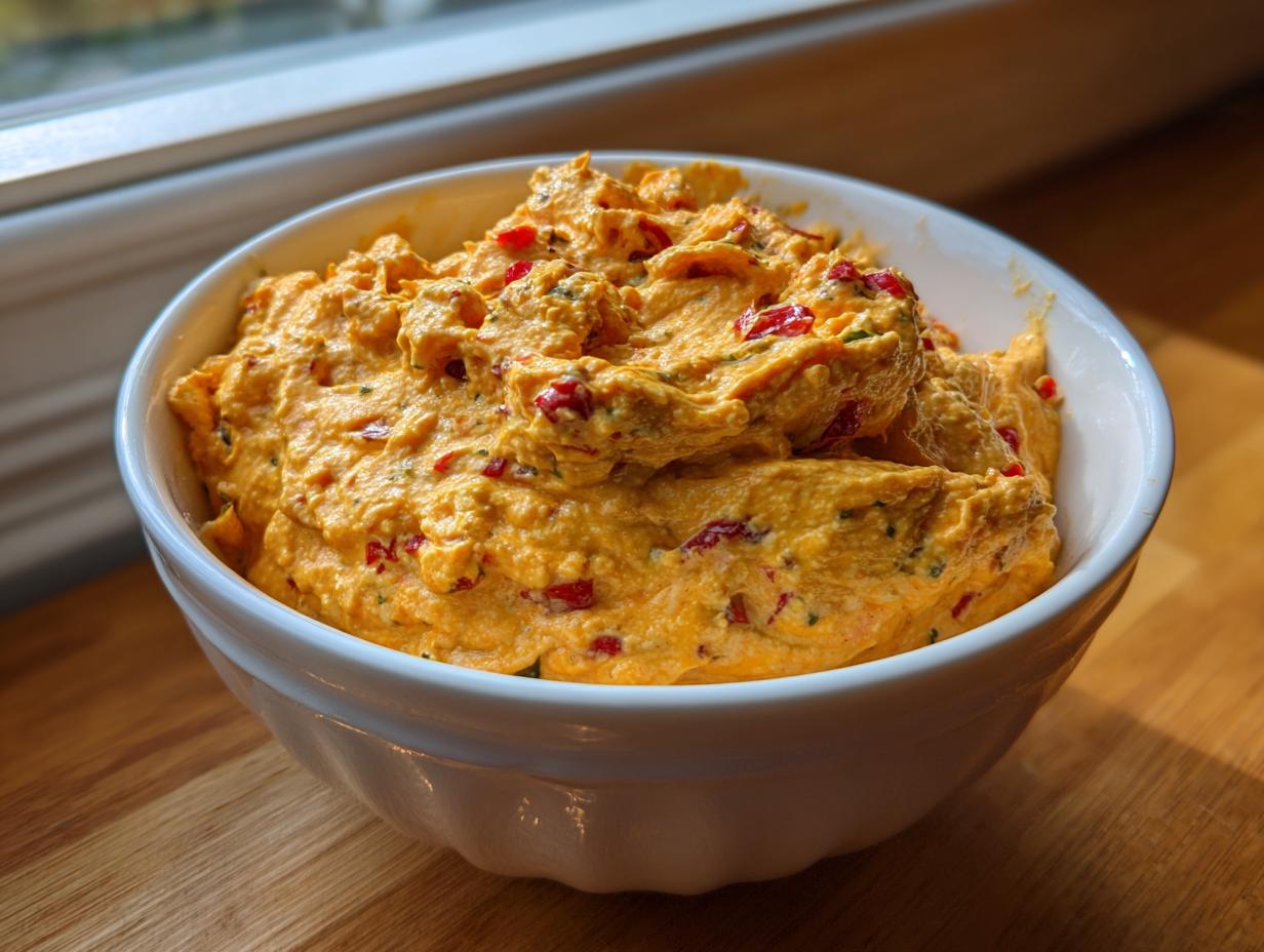 A close-up of a thick, orange-colored boat dip mixed with red peppers and herbs, served in a white bowl.