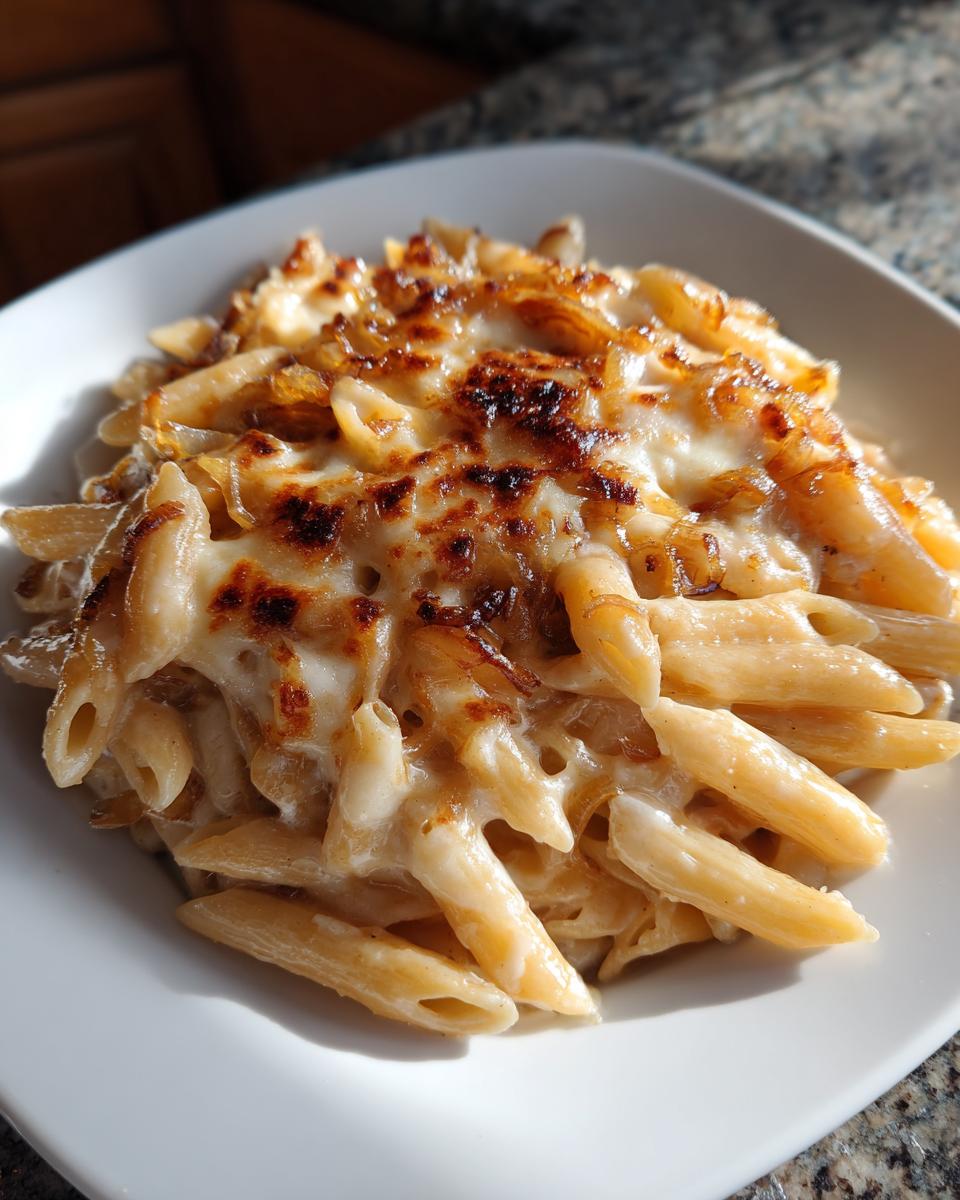 Close-up of creamy french onion pasta with penne, topped with melted and browned cheese.