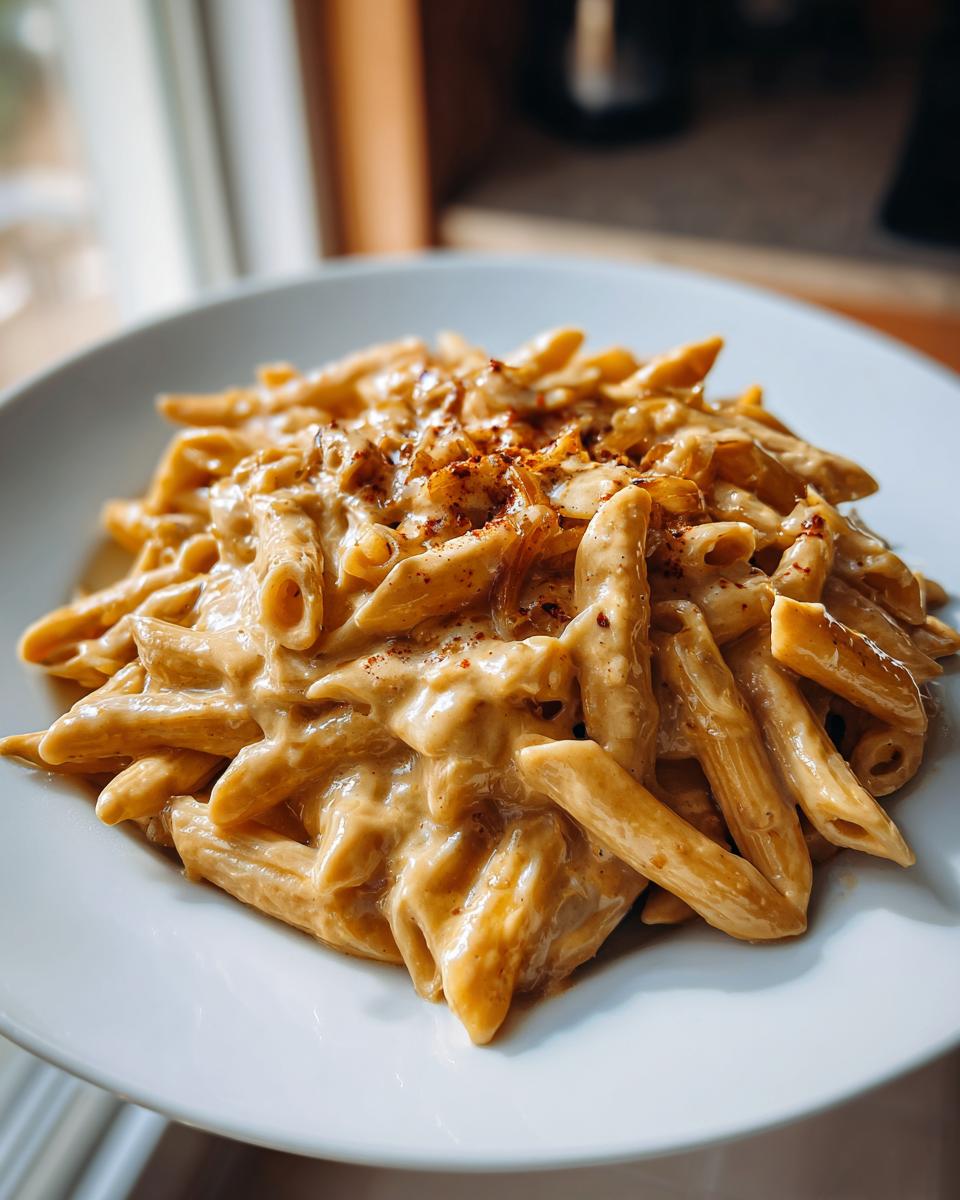 A close-up of creamy penne pasta coated in a rich sauce, topped with caramelized onions, representing french onion pasta.
