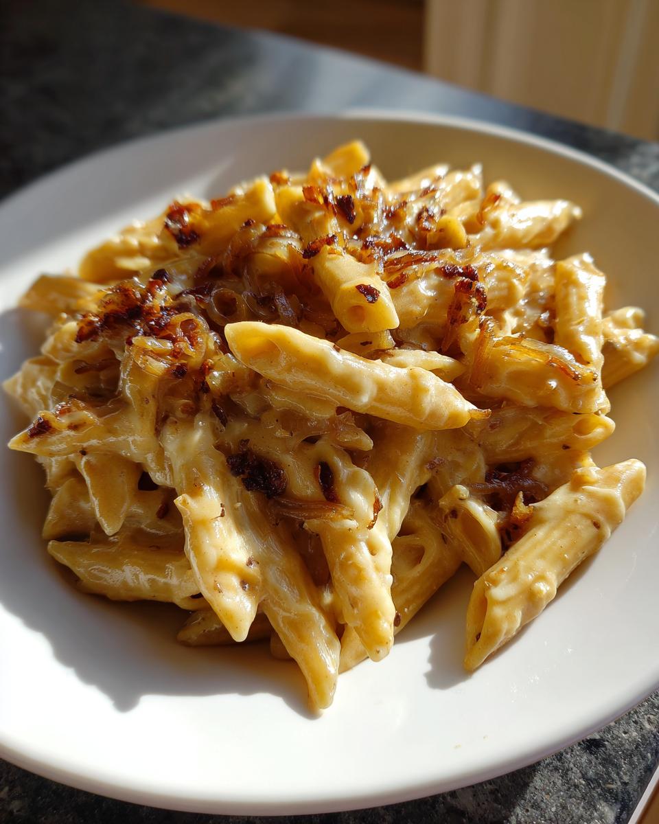 A close-up of creamy penne pasta coated in sauce and topped with caramelized onions for french onion pasta.