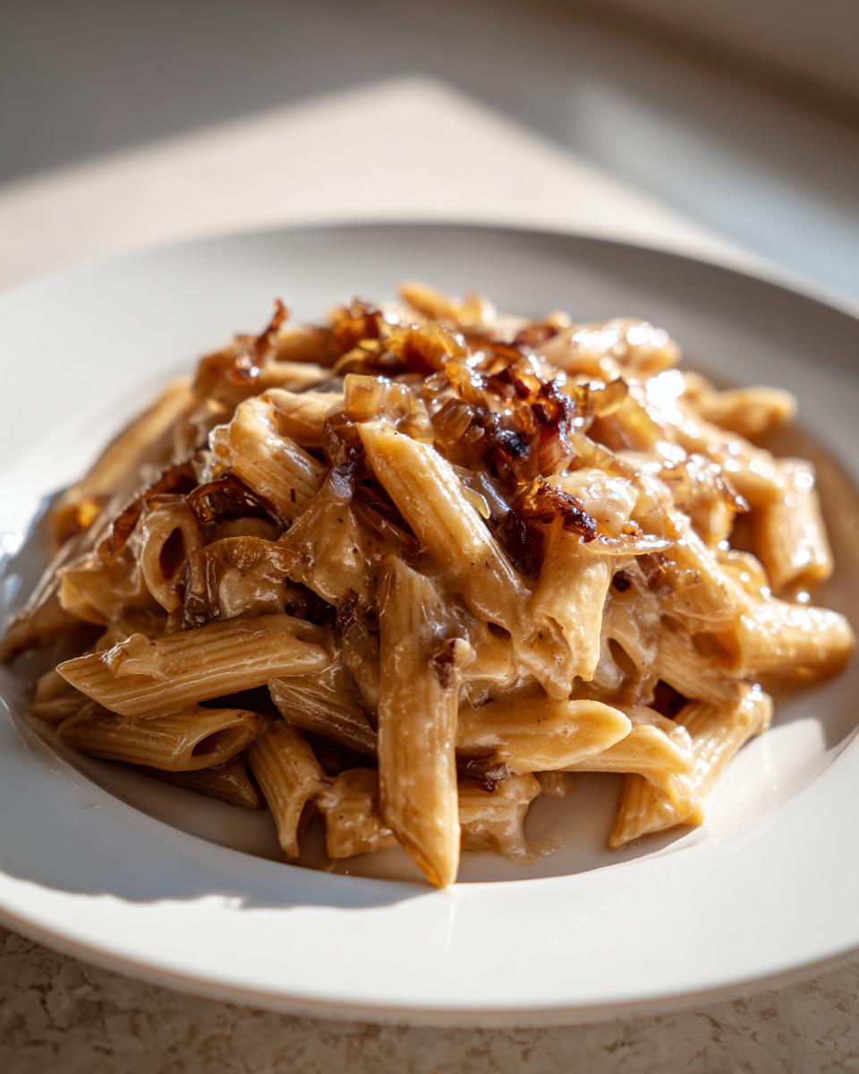 A close-up of creamy french onion pasta made with penne, topped with caramelized onions.