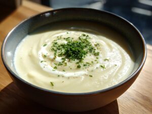 A close-up of a creamy, pale yellow bowl of amazing garlic soup, garnished with a swirl of cream and fresh chopped chives.