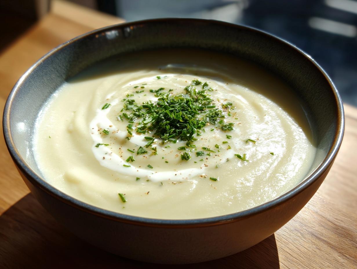 A close-up of a creamy, pale yellow bowl of amazing garlic soup, garnished with a swirl of cream and fresh chopped chives.
