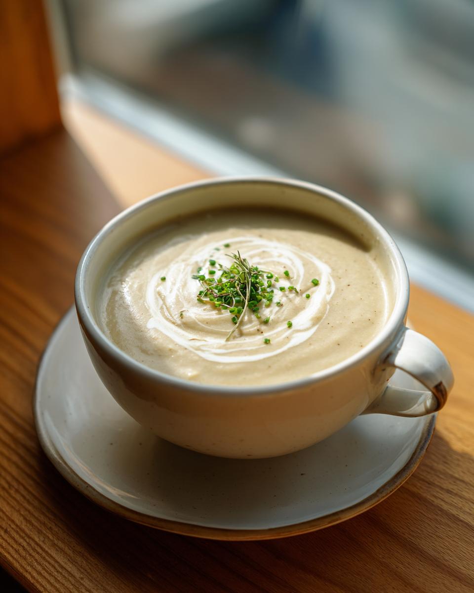 A creamy bowl of amazing garlic soup, swirled with cream and topped with fresh chives, sitting on a wooden surface.