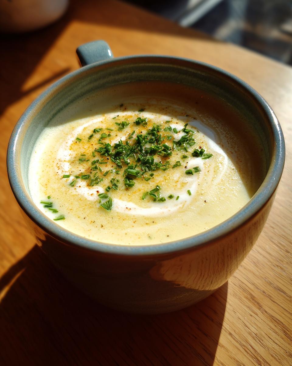 Close-up of a creamy bowl of amazing garlic soup, topped with a swirl of cream and fresh chives.