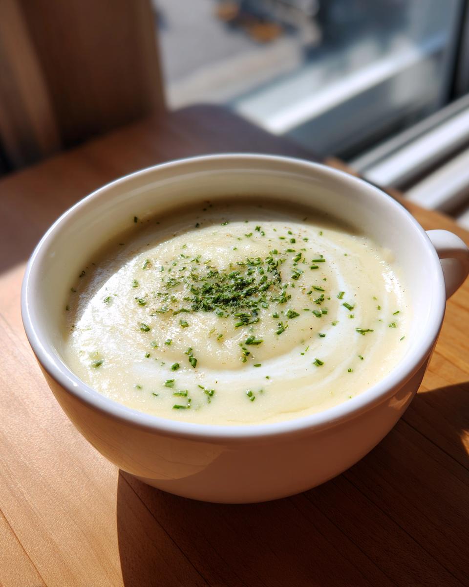Close-up of a creamy white bowl of amazing garlic soup, garnished with fresh green herbs.