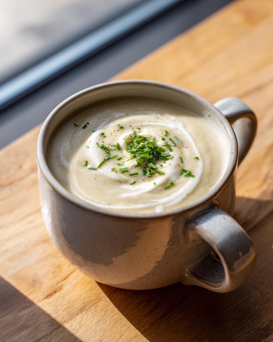 A creamy bowl of garlic soup, garnished with a swirl of cream and fresh chives, sitting on a wooden board.