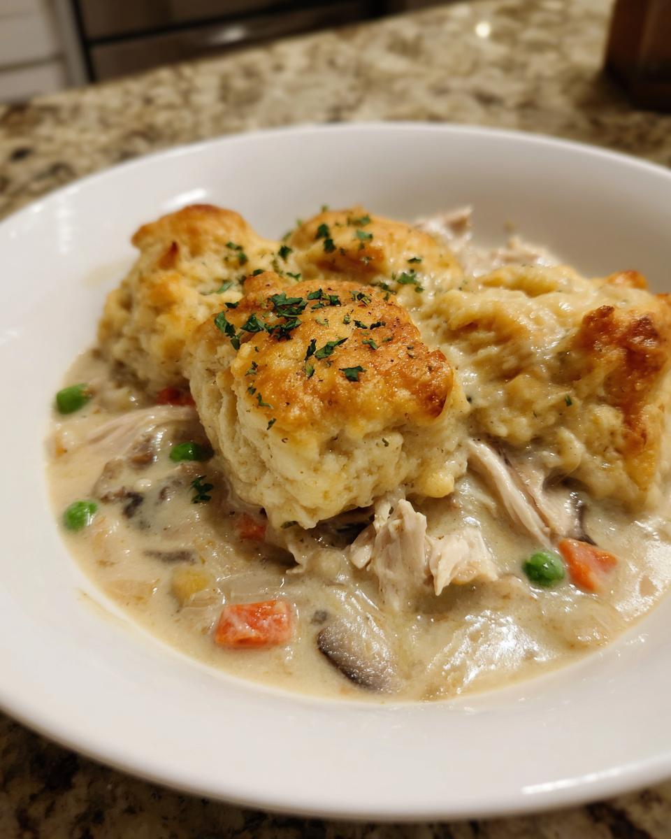 Close-up of creamy gluten free chicken and dumplings topped with golden, fluffy biscuits and parsley.