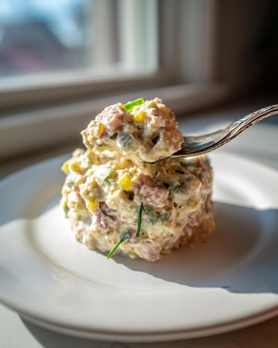 A fork lifts a bite of creamy ham salad recipe mixture from a small mound plated on a white dish.