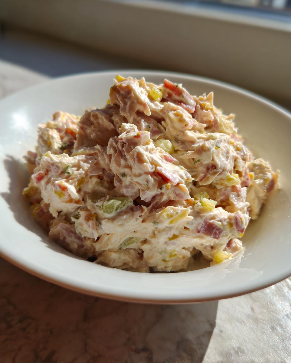 A close-up of a creamy, chunky ham salad recipe served in a white bowl, showing bits of ham and vegetables.