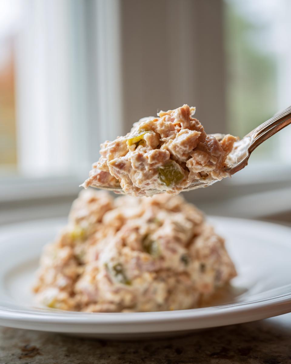 A spoonful of creamy ham salad recipe mixture, featuring diced ham and pickles, held above a serving on a white plate.