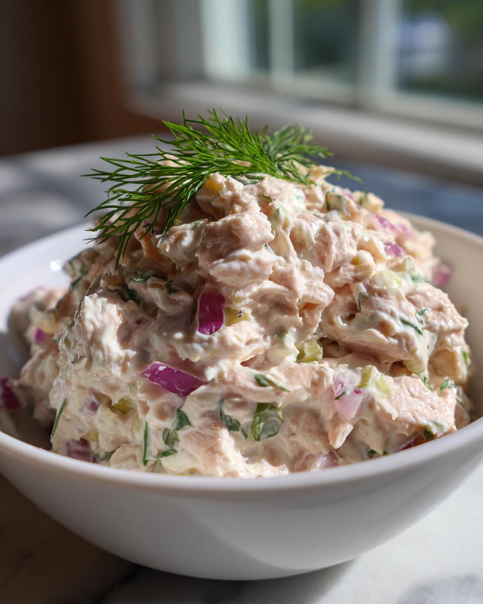 A close-up of a bowl filled with creamy healthy tuna salad mixed with red onion and herbs, topped with fresh dill.
