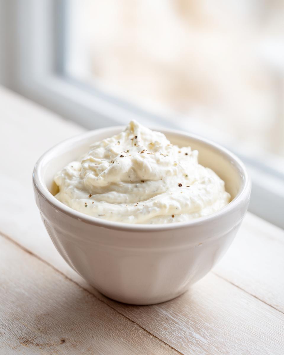A white bowl filled with thick, fluffy creamy horseradish sauce, lightly seasoned with pepper.