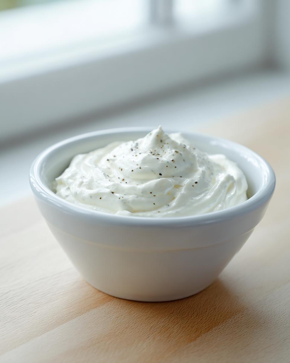 A white bowl filled with thick, swirled creamy horseradish sauce, topped with cracked black pepper.