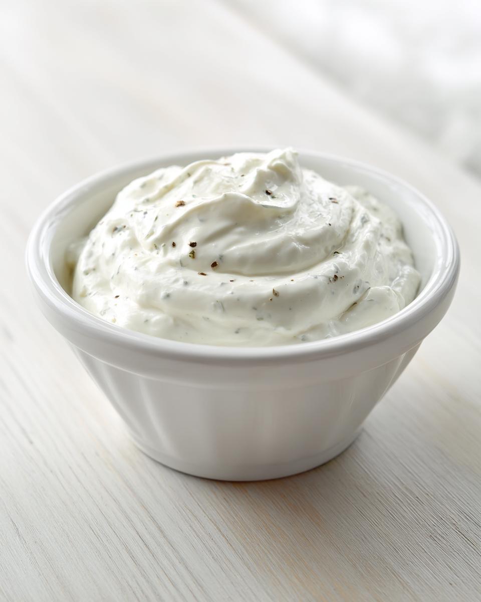 A white bowl filled with thick, swirling creamy horseradish sauce speckled with dark herbs, set on a light wooden surface.