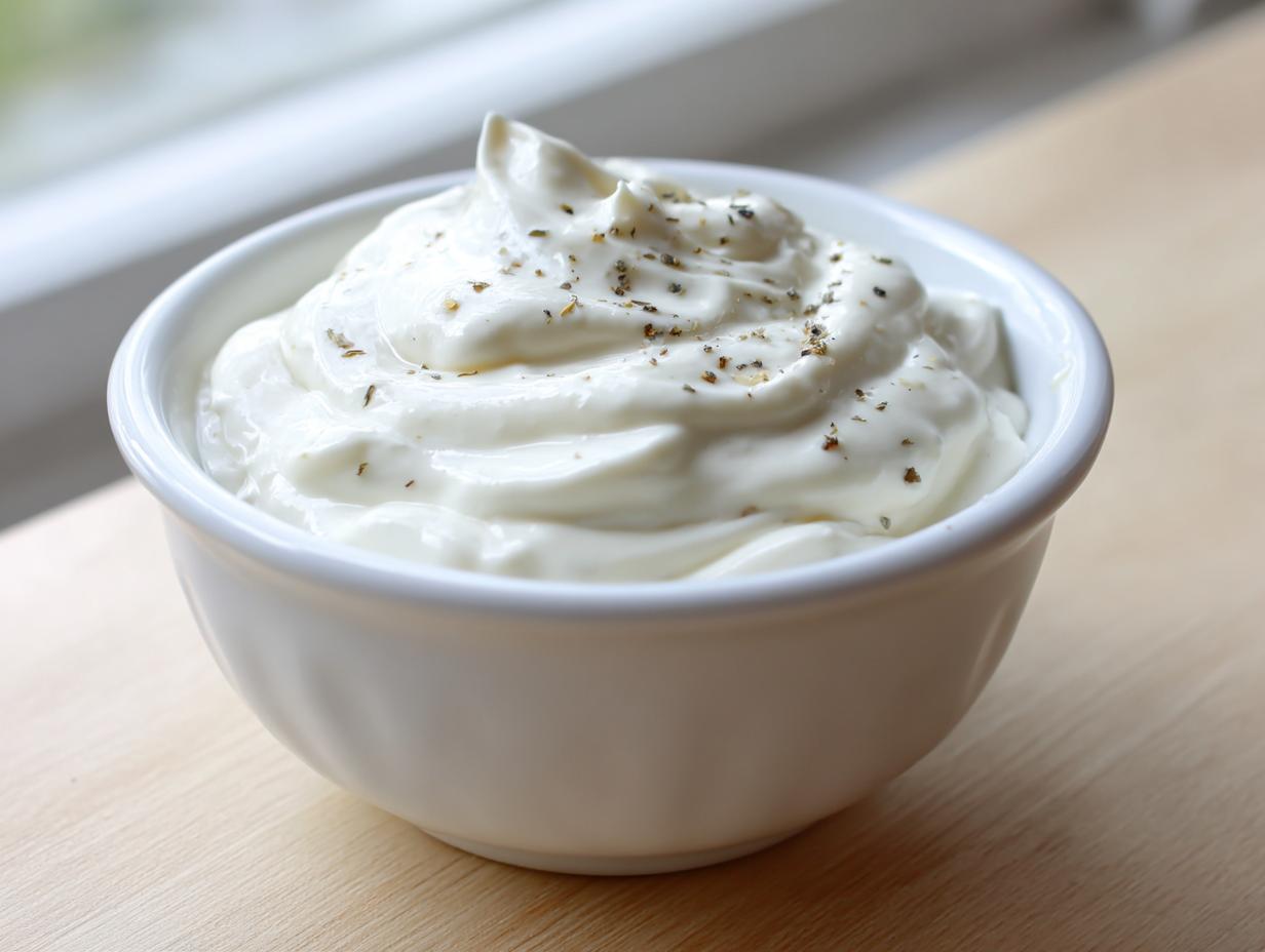 A close-up of thick, white creamy horseradish sauce, garnished with herbs, served in a small white bowl.