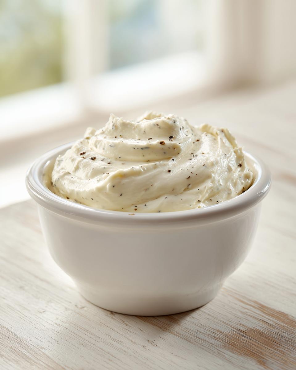 A small white bowl filled with thick, swirled creamy horseradish sauce, speckled with black pepper.