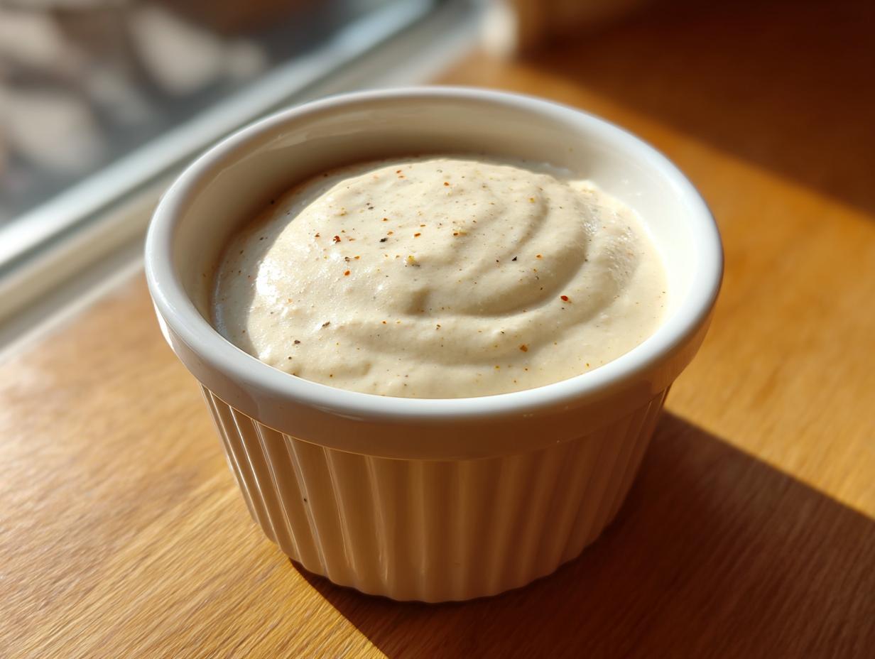 A close-up of creamy, pale horseradish sauce topped with pepper flakes in a white, fluted ramekin.