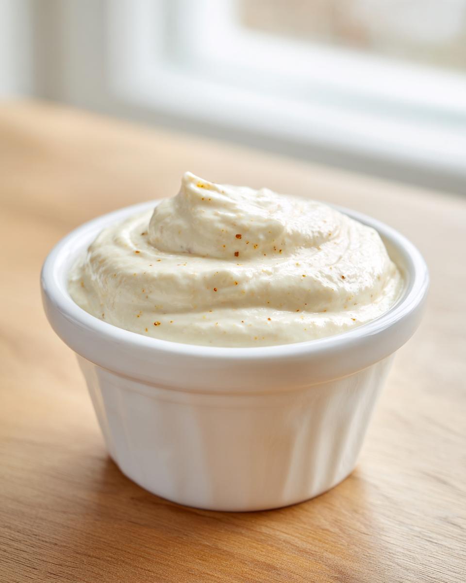 A close-up of creamy, thick horseradish sauce swirled in a small white ramekin on a wooden surface.
