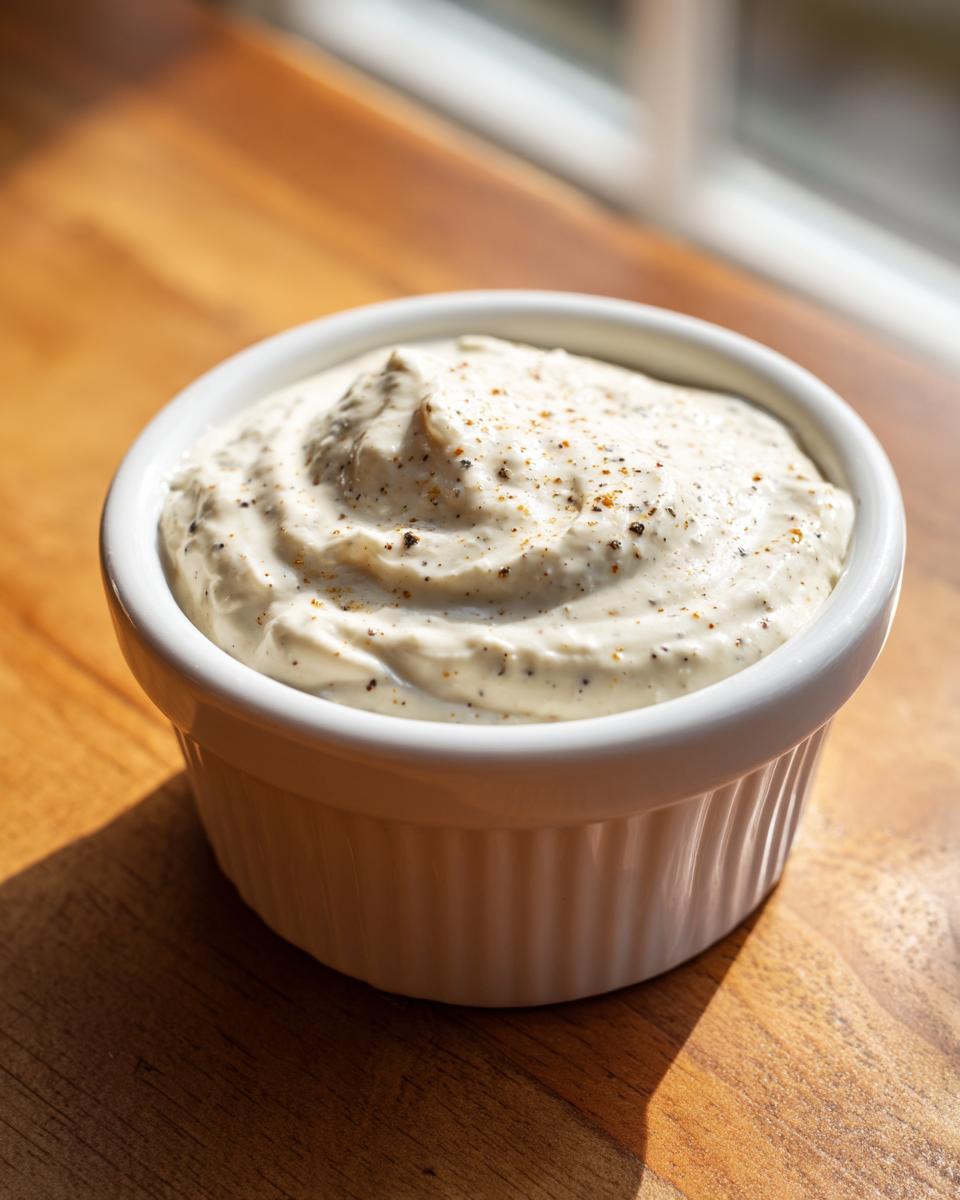 A close-up of creamy, white horseradish sauce topped with pepper in a small white ramekin.
