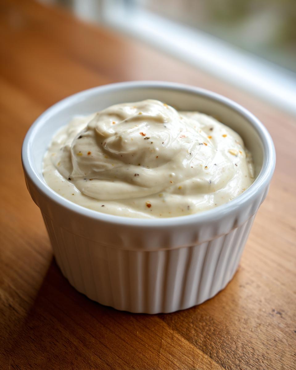 A close-up of creamy, white horseradish sauce speckled with spices, served in a small white ramekin on a wooden surface.