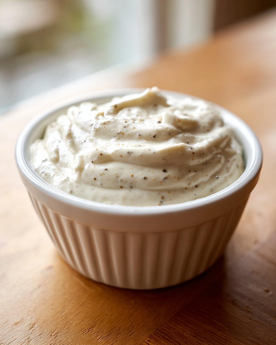 A close-up of thick, creamy horseradish sauce speckled with pepper, served in a white fluted ramekin.