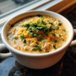 A close-up of a creamy bowl of keto white chicken chili topped with shredded cheddar cheese and fresh cilantro.