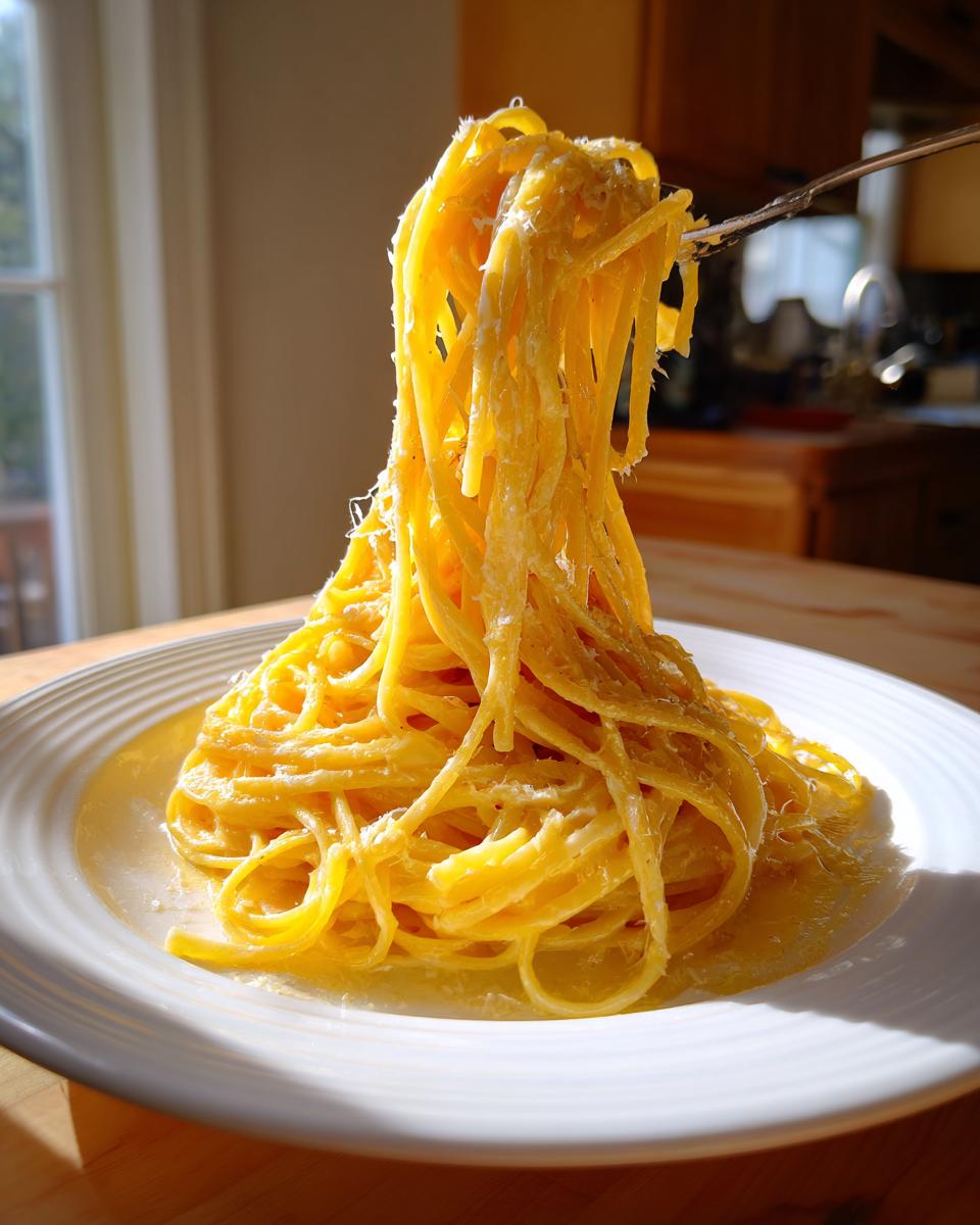 A fork lifts a tall swirl of spaghetti coated in a rich sauce for creamy lemon pasta, sitting on a white plate.