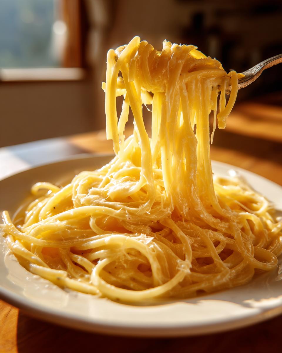 A fork lifting a generous twirl of rich, creamy lemon pasta from a white plate, showing the glossy sauce coating the spaghetti.