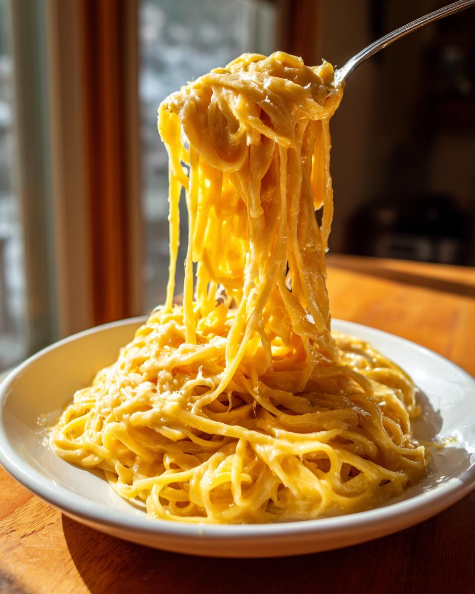 A fork lifting a large twirl of creamy lemon pasta from a white bowl, showing the rich, yellow sauce coating the noodles.