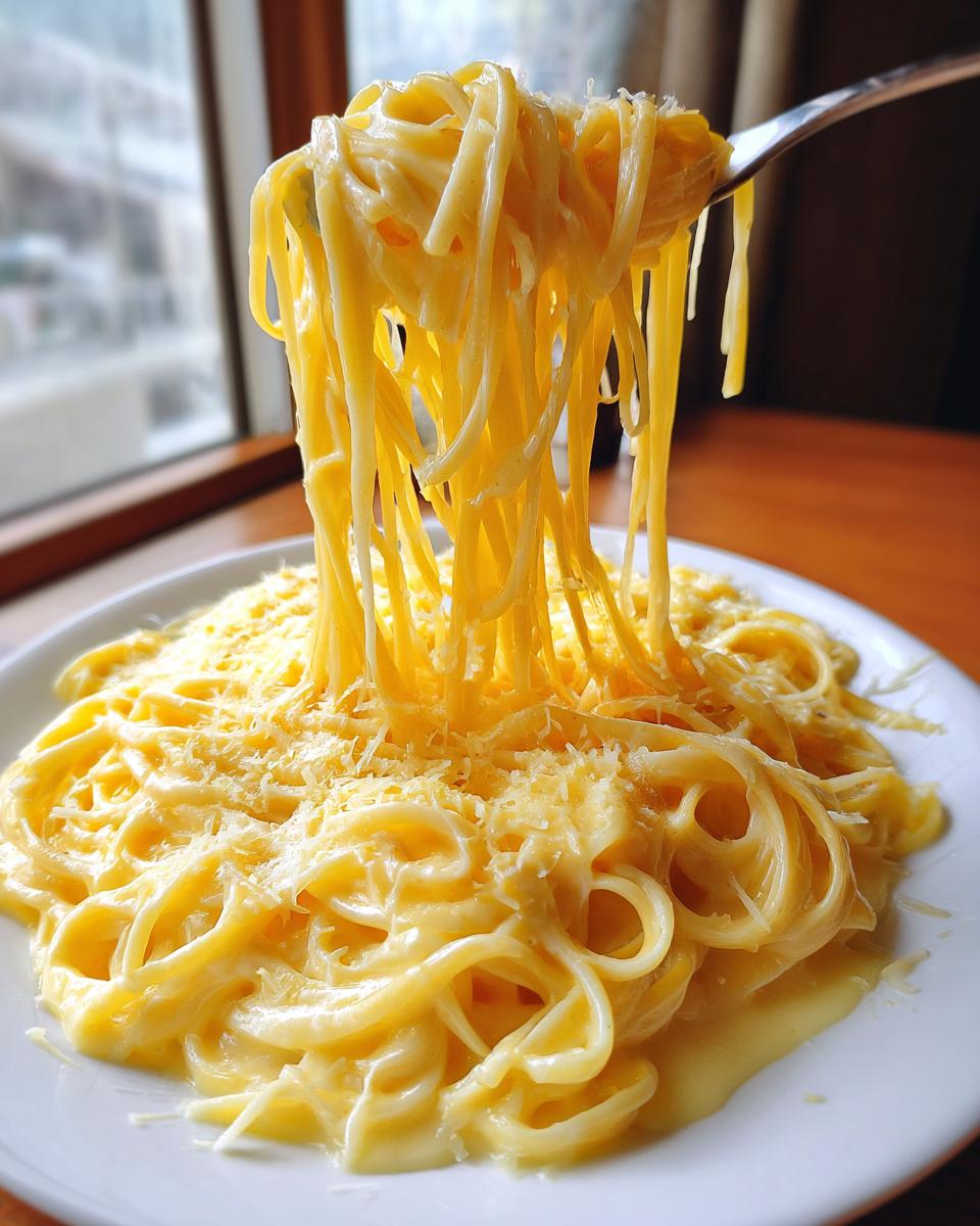 A fork lifts a tangle of spaghetti coated in rich sauce for creamy lemon pasta, topped with grated cheese.