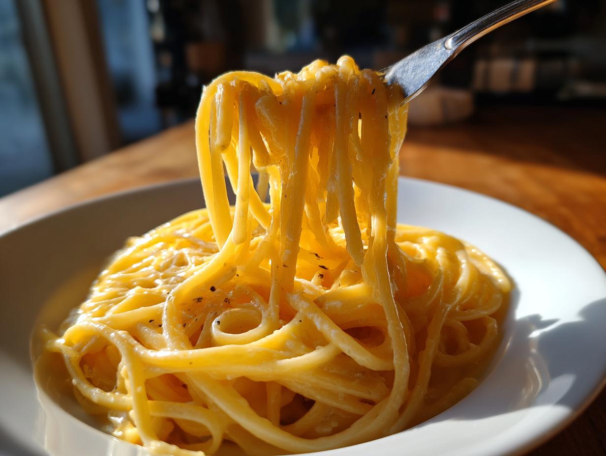 A fork lifts a generous portion of spaghetti coated in rich, creamy lemon pasta sauce from a white bowl.