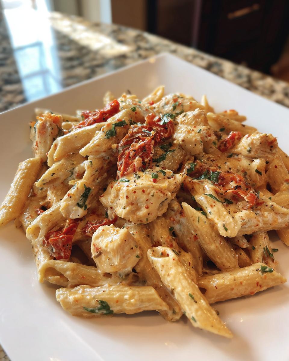 Close-up of creamy Marry Me Chicken Pasta featuring penne, chicken chunks, and sun-dried tomatoes.