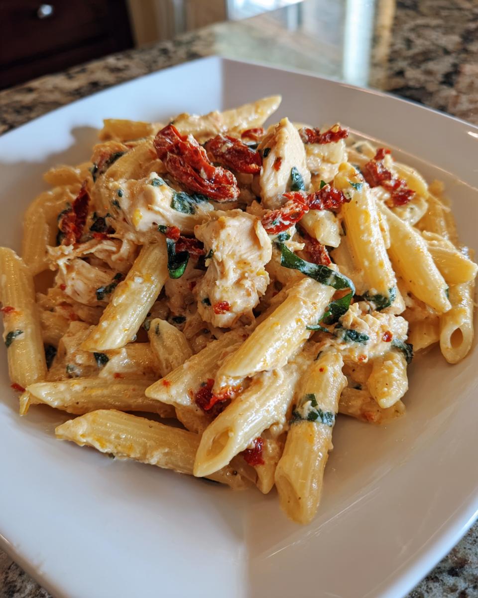 A close-up of creamy Marry Me Chicken Pasta featuring penne, chicken pieces, spinach, and sun-dried tomatoes on a white plate.